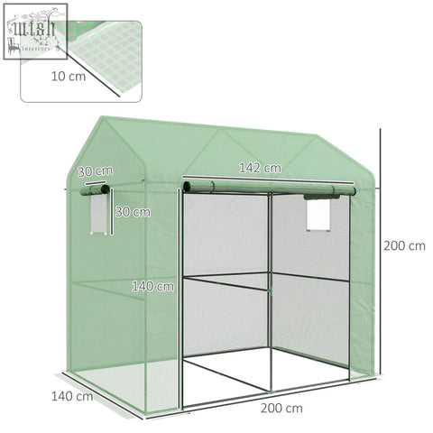 Outsunny greenhouse walk-in grow house with light green translucent plastic, metal frame, mesh panels, ground stakes included