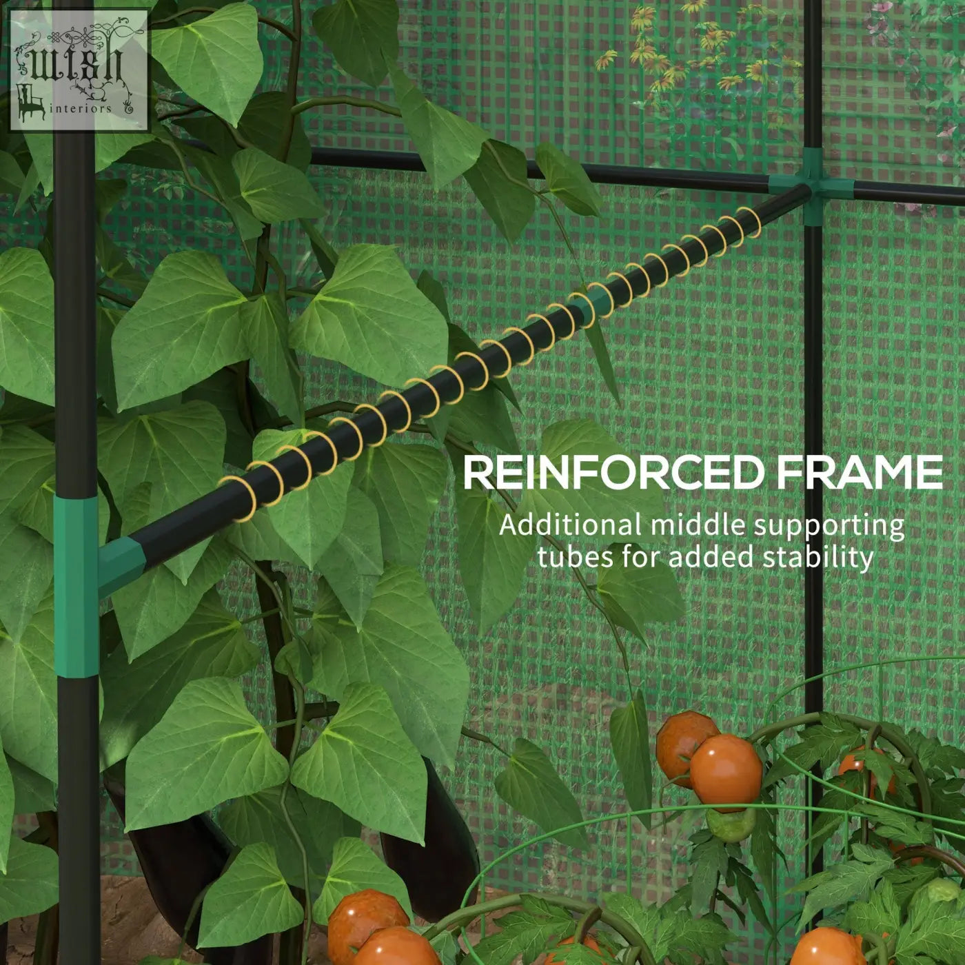 Black reinforced frame with gold spiral reinforcements of outsunny greenhouse with four ground stakes included