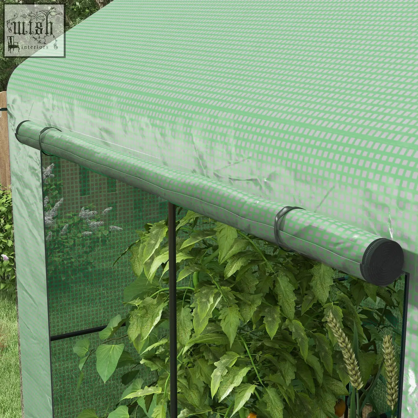 Outsunny greenhouse canopy in green pattern with black pole featuring four guy ropes and ground stakes included for support