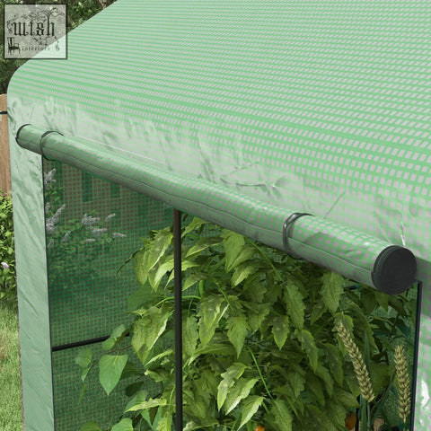 Outsunny greenhouse canopy in green pattern with black pole featuring four guy ropes and ground stakes included for support