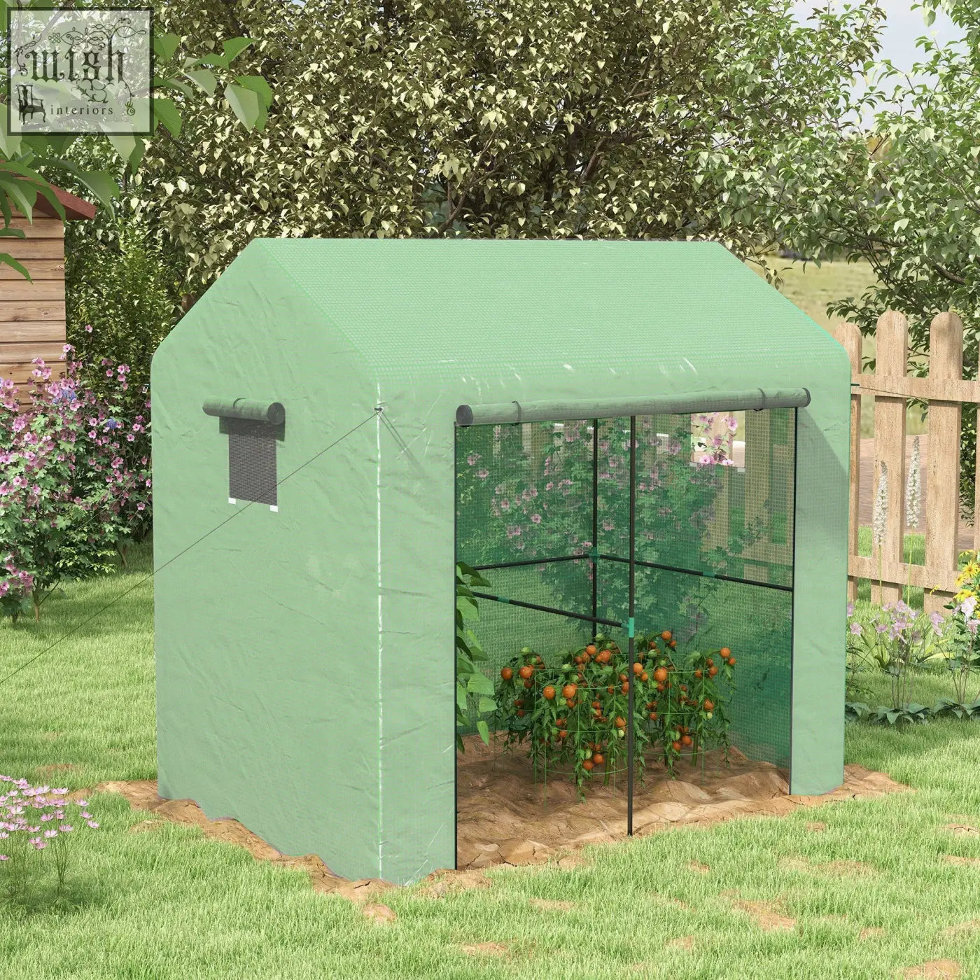 Outsunny green fabric greenhouse with mesh windows housing tomato plants and ground stakes included for stability