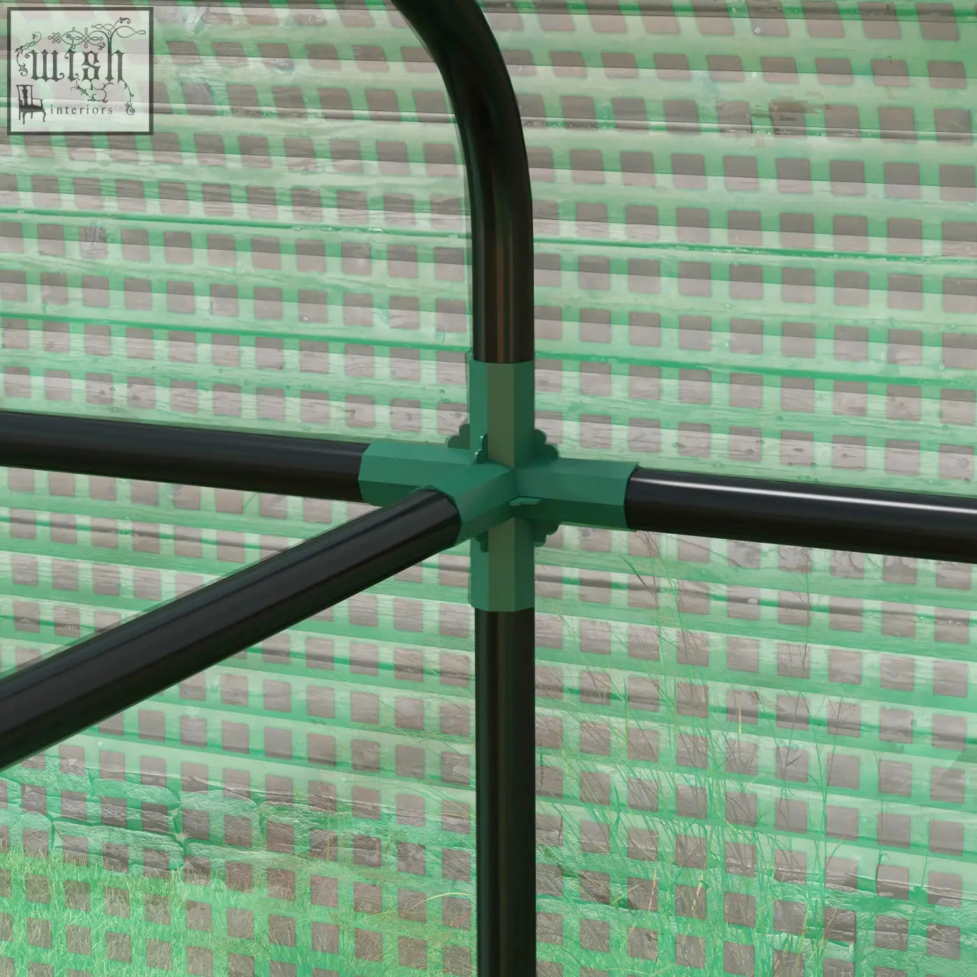 Green plastic connector joining four black metal poles of outsunny greenhouse with four ground stakes included