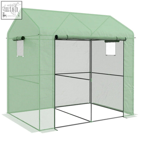 Outsunny greenhouse walk-in garden grow house in green translucent plastic with black metal frame ground stakes included