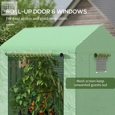 Outsunny light green fabric greenhouse with roll-up door mesh windows four guy ropes and ground stakes included
