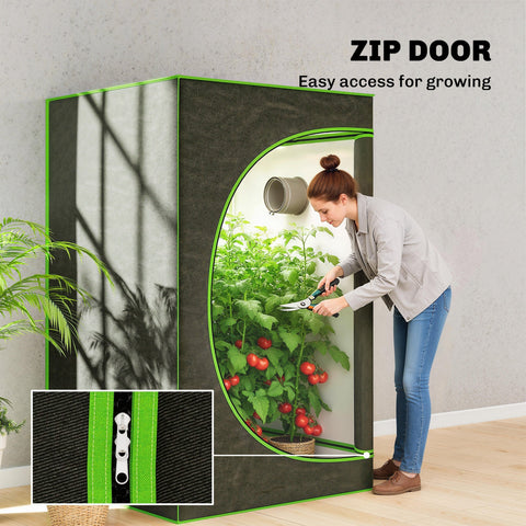 Outsunny grow tent with green and black oxford fabric zipper door and curved window showing tomato plants inside