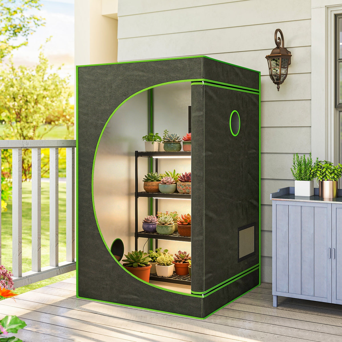 Black outsunny grow tent with bright green trim and observation window made of 600d oxford fabric housing succulents