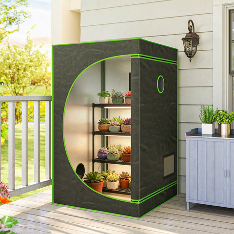 Black outsunny grow tent with bright green trim and observation window made of 600d oxford fabric housing succulents