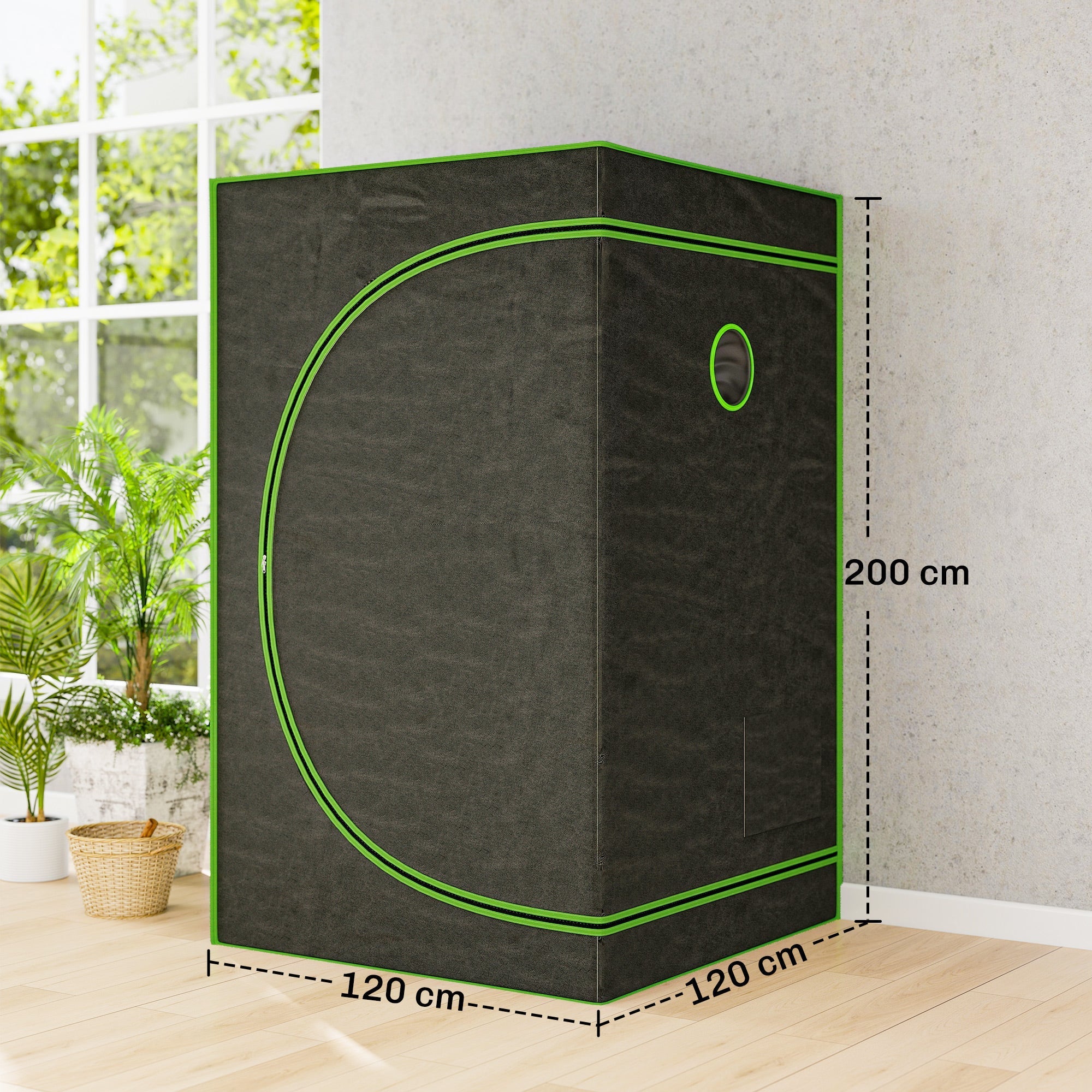 Black outsunny grow tent with bright green trim oxford fabric observation window and zipper door for indoor growing