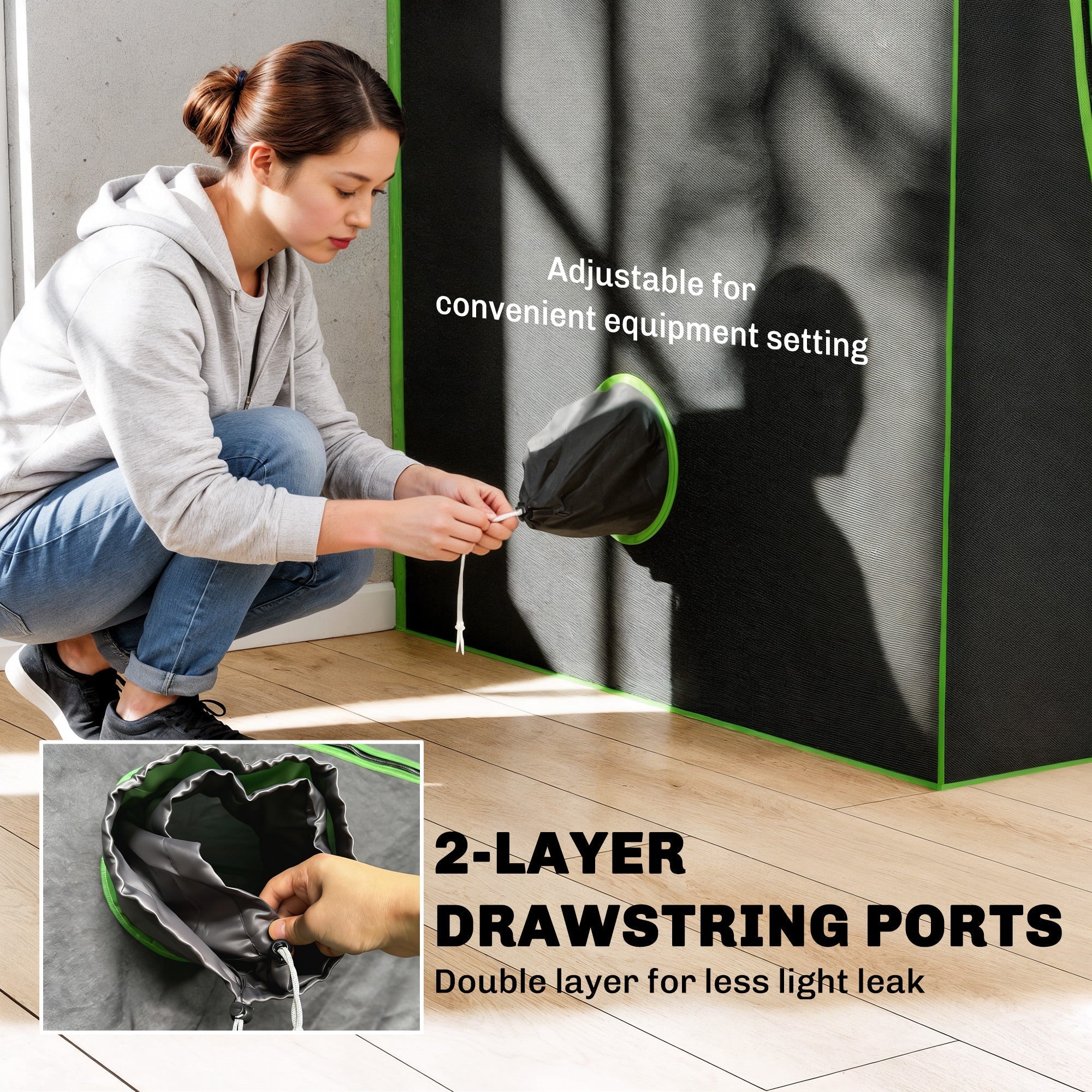 Black and green two-layer drawstring port with adjustable opening on outsunny grow tent made of durable oxford fabric