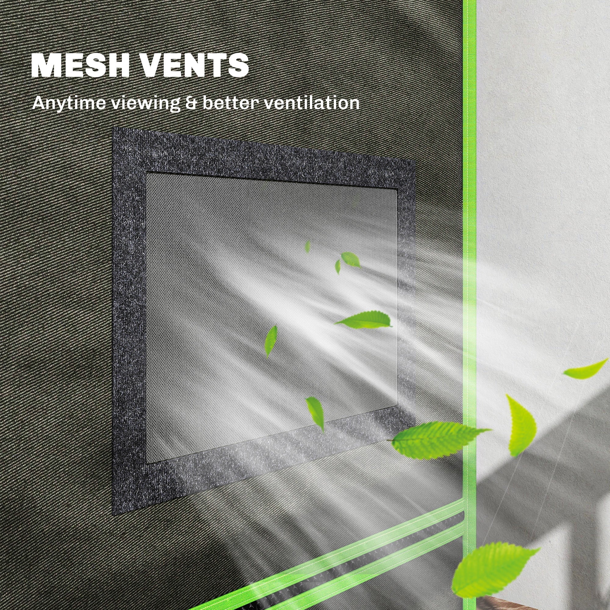 Dark green mesh vent with black frame and bright green trim on outsunny grow tent made of 600d oxford fabric