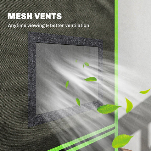Dark green mesh vent with black frame and bright green trim on outsunny grow tent made of 600d oxford fabric