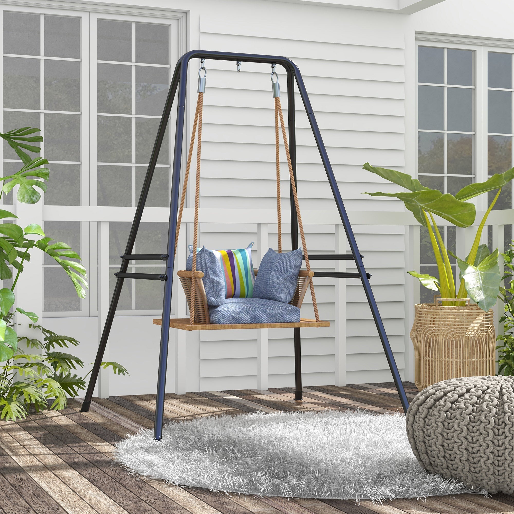 Black metal frame Outsunny hammock chair stand with powder coated metal frame, wooden seat, blue cushions, rope suspension, rainbow pillow