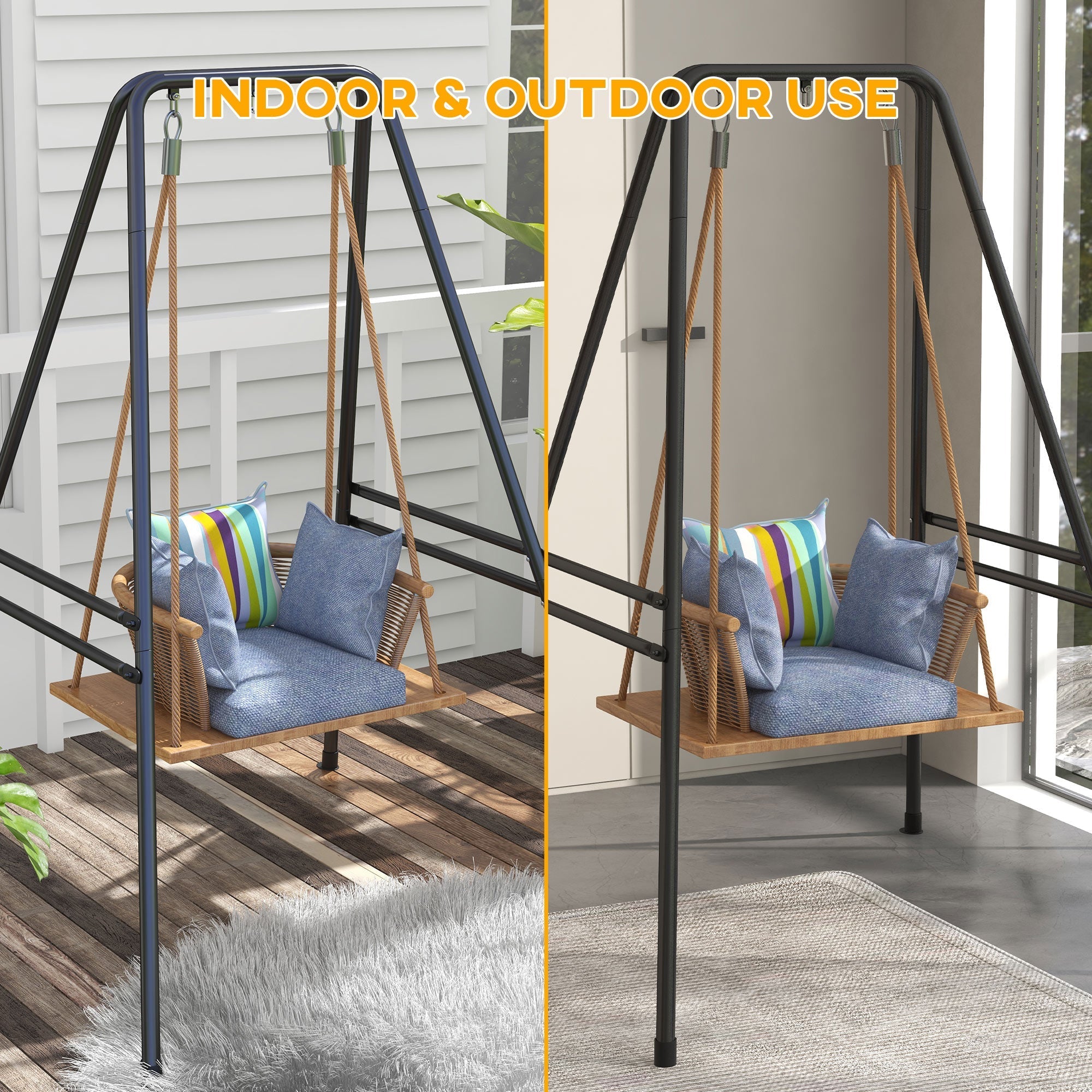 Outsunny hammock chair stand with black powder coated metal frame swing featuring woven wicker seat and blue cushions
