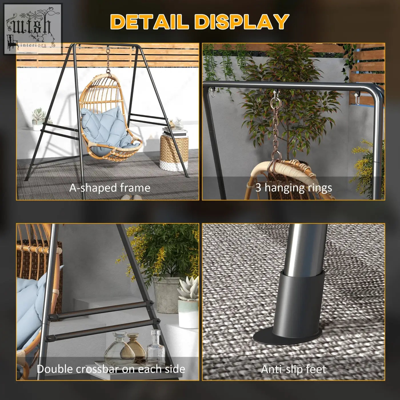 Outsunny hammock chair with light blue cushion and black powder coated metal frame for porch swing use