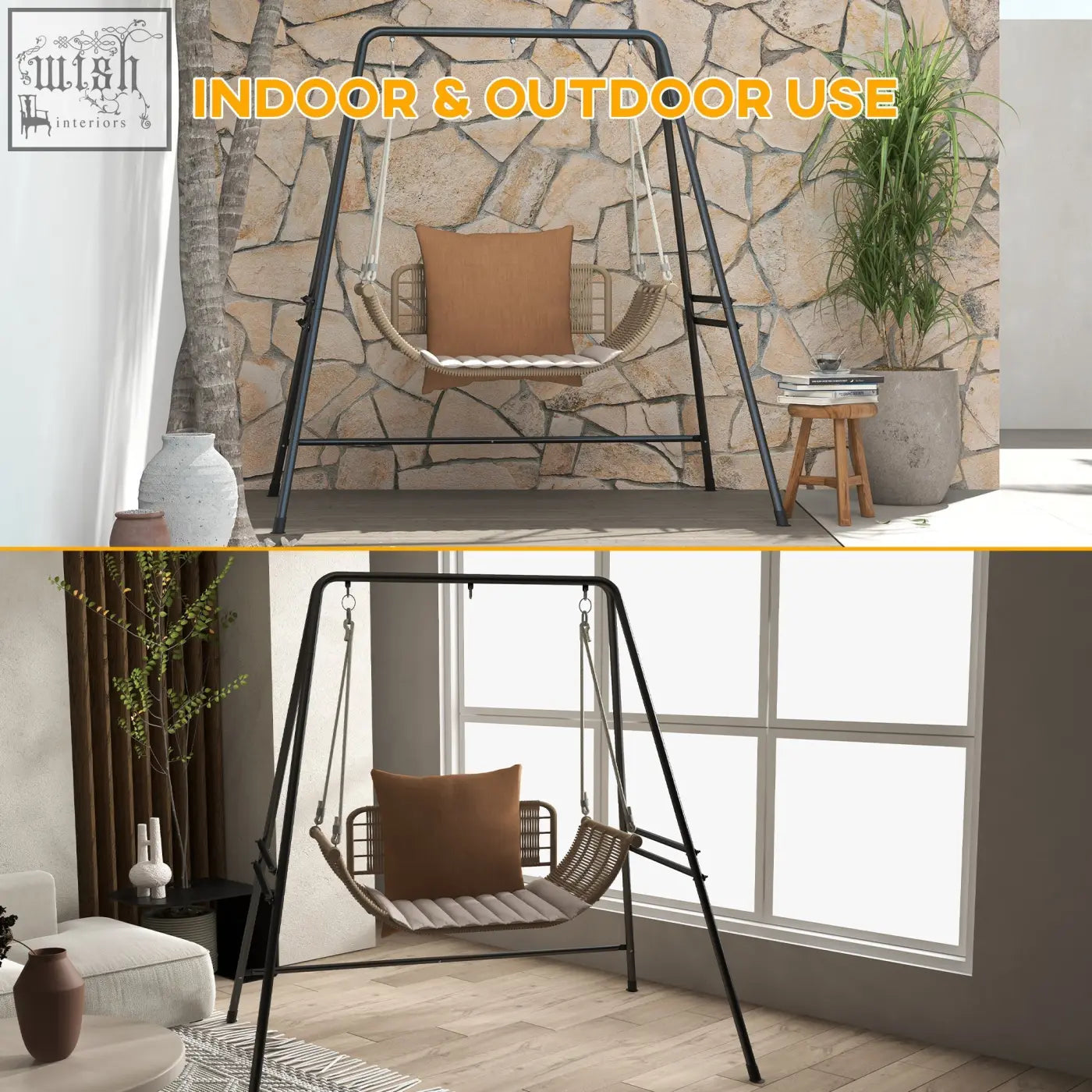 Black metal frame swing with woven wicker seat and brown cushion on powder coated metal frame stand for porch use