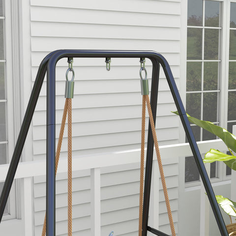 Black metal frame swing stand with two tan rope swings made of powder coated metal for hanging porch chairs