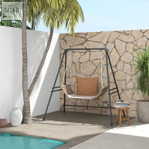 Black metal frame swing with woven wicker seat and tan cushion on powder coated metal frame stand for porch use