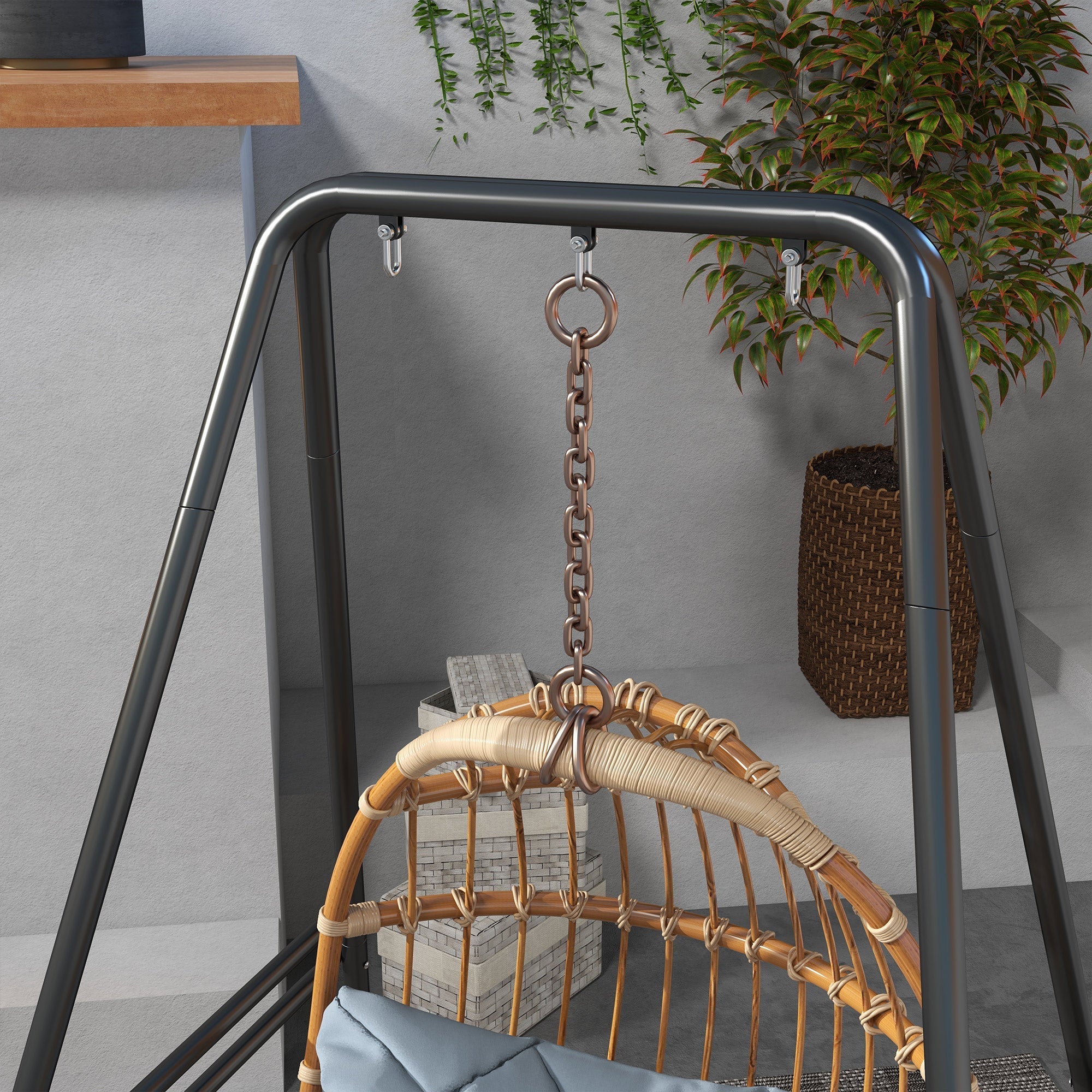 Outsunny hanging wicker swing chair with light beige rattan seat on black powder coated metal frame stand for porch use