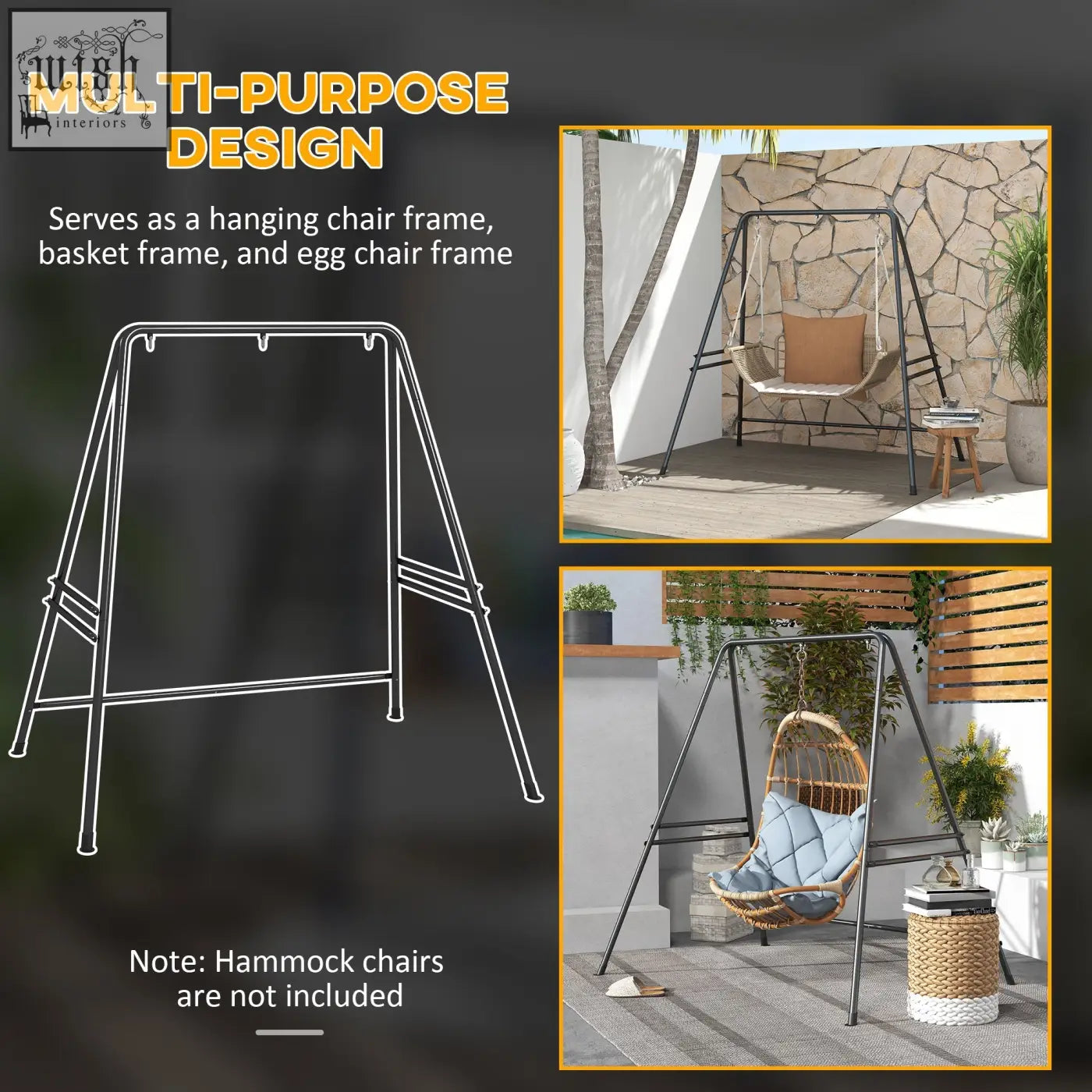 Black powder coated metal frame for outsunny hammock chair stand heavy duty for hanging egg chairs and porch swings