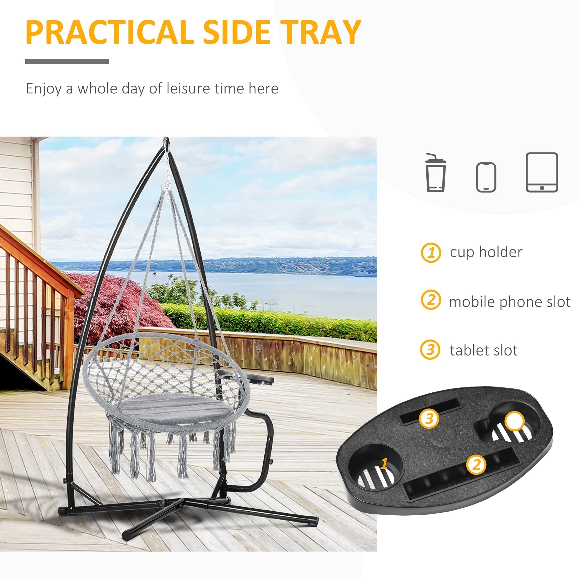 Black plastic side tray with cup holder phone and tablet slots for outdoors heavy duty metal hammock chair stand