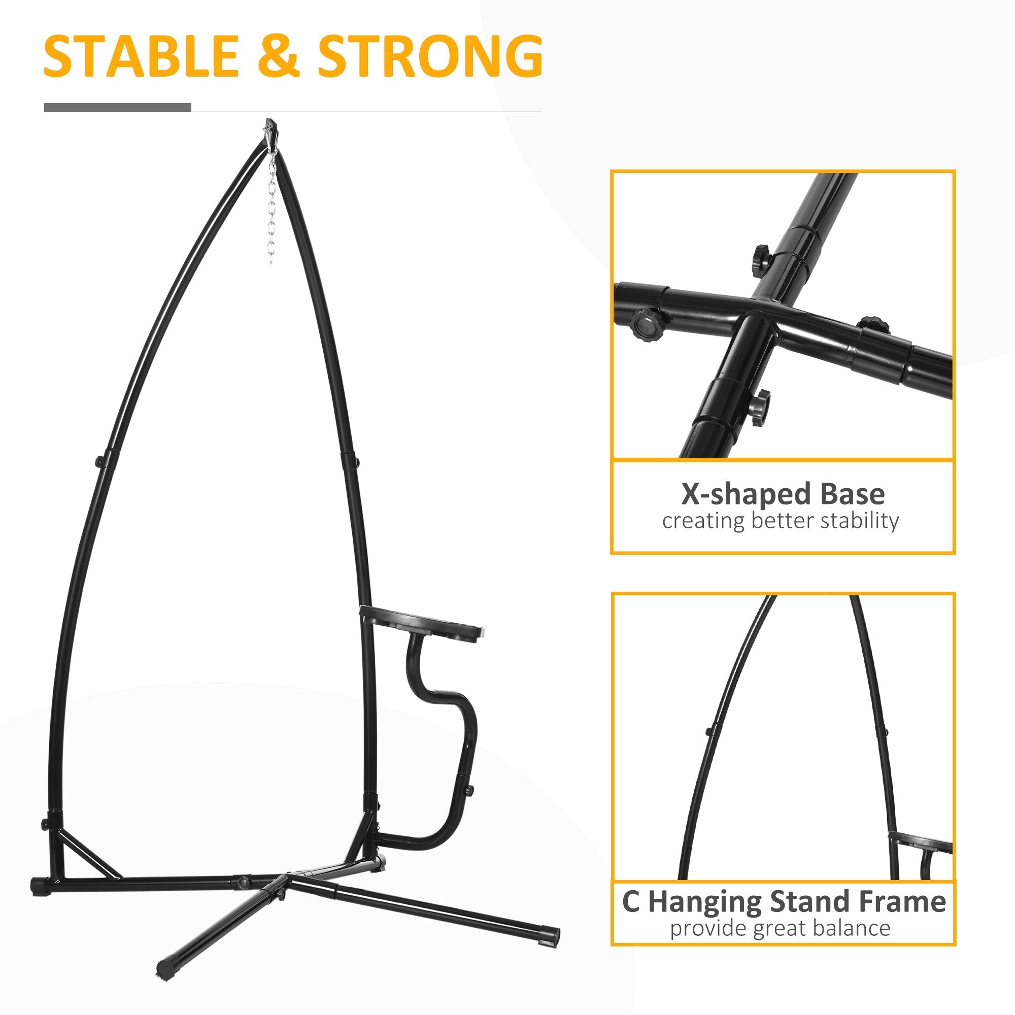 Black metal hammock chair stand with x-shaped base and c-hanging frame for indoor or outdoor use
