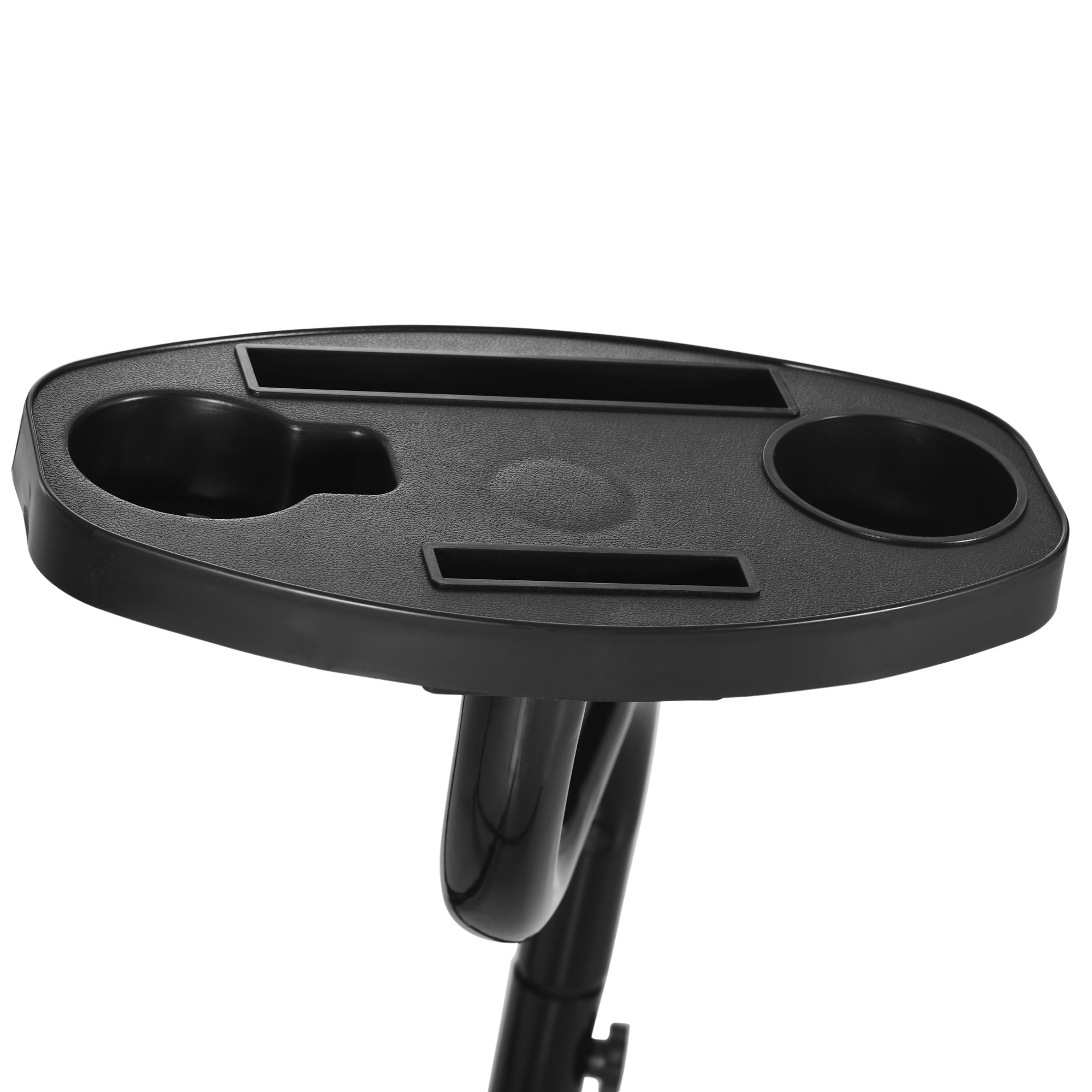 Black plastic boat table with two cup holders and a slot for items designed for hammock chair stand use