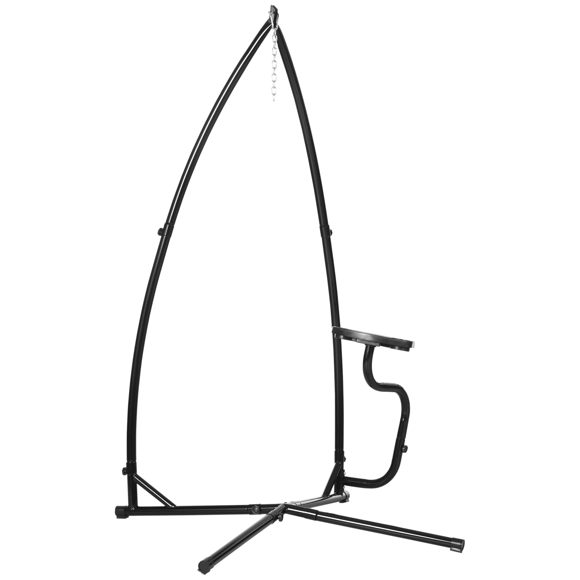 Black metal hammock chair stand with curved arch and tripod base for heavy duty indoor or outdoor use
