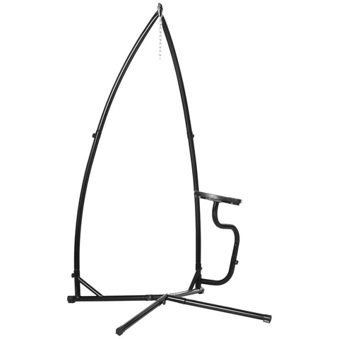 Black metal hammock chair stand with curved arch and tripod base for heavy duty indoor or outdoor use