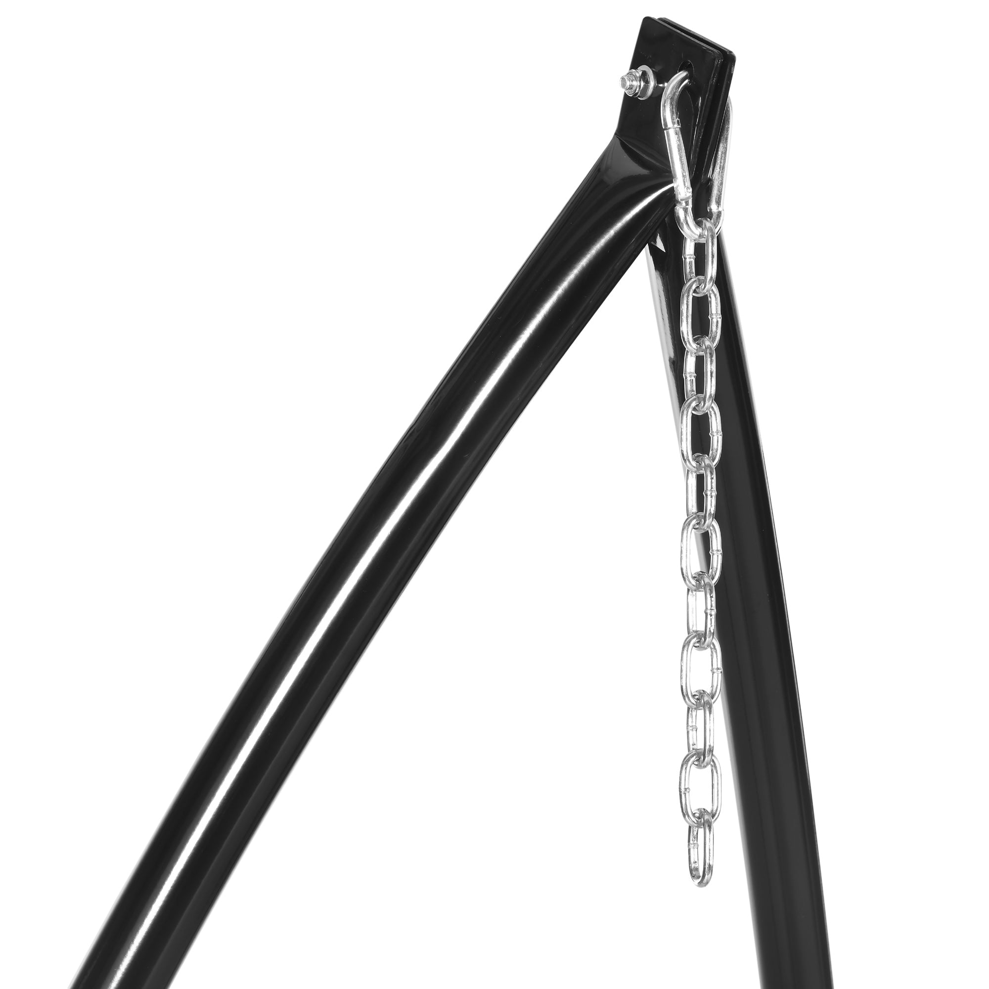 Black metal hammock chair stand with silver chain for hanging hammock chair outdoors or indoors