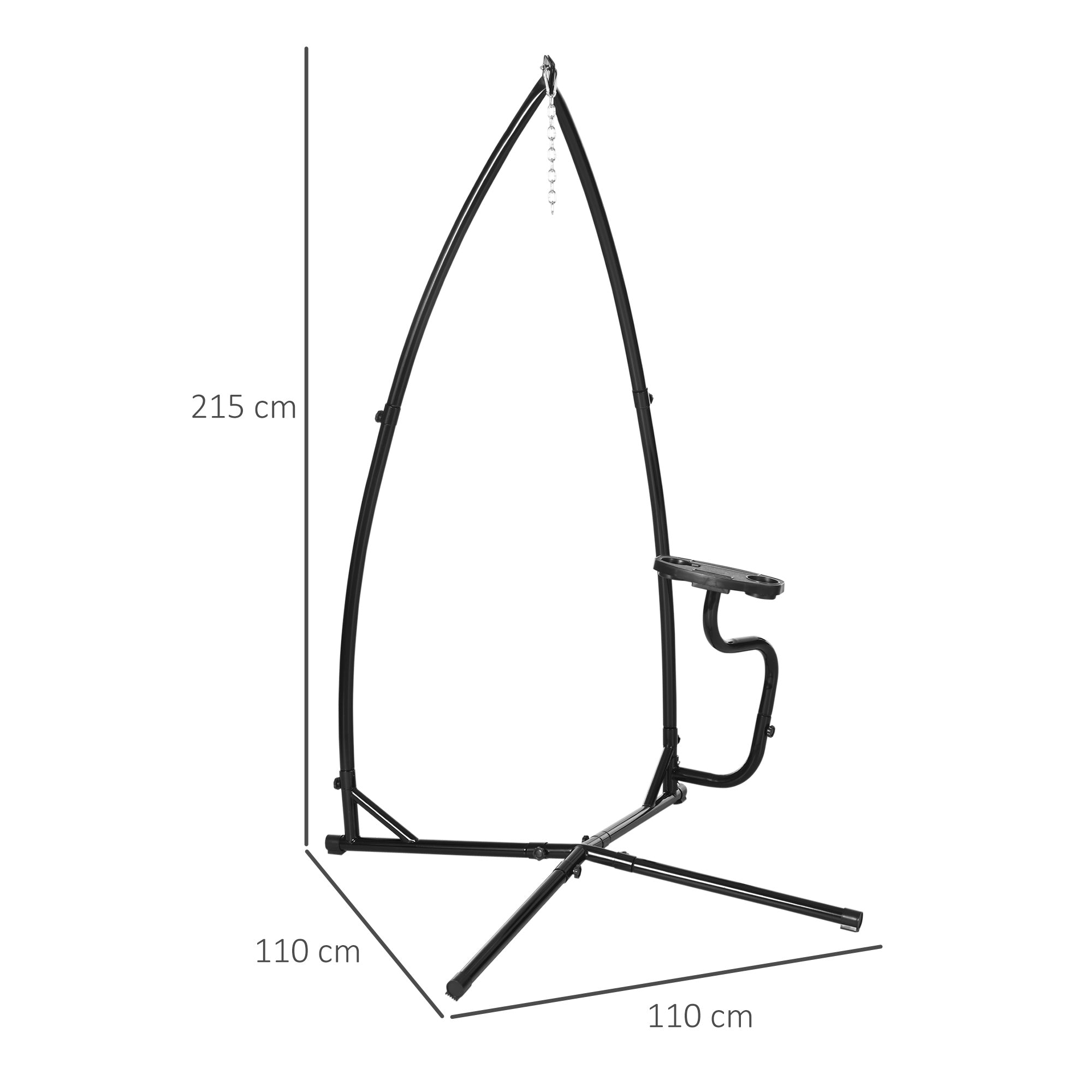Black metal hammock chair stand with curved arch and tripod base heavy duty for indoor outdoor use