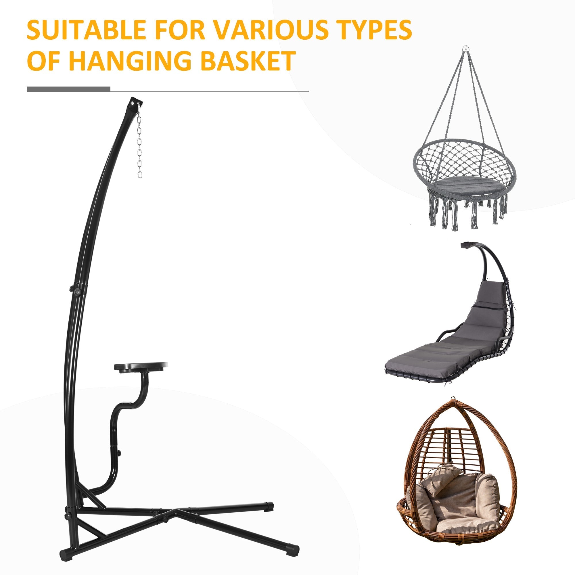 Black metal hammock chair stand with adjustable height and stable tripod base for indoor and outdoor use