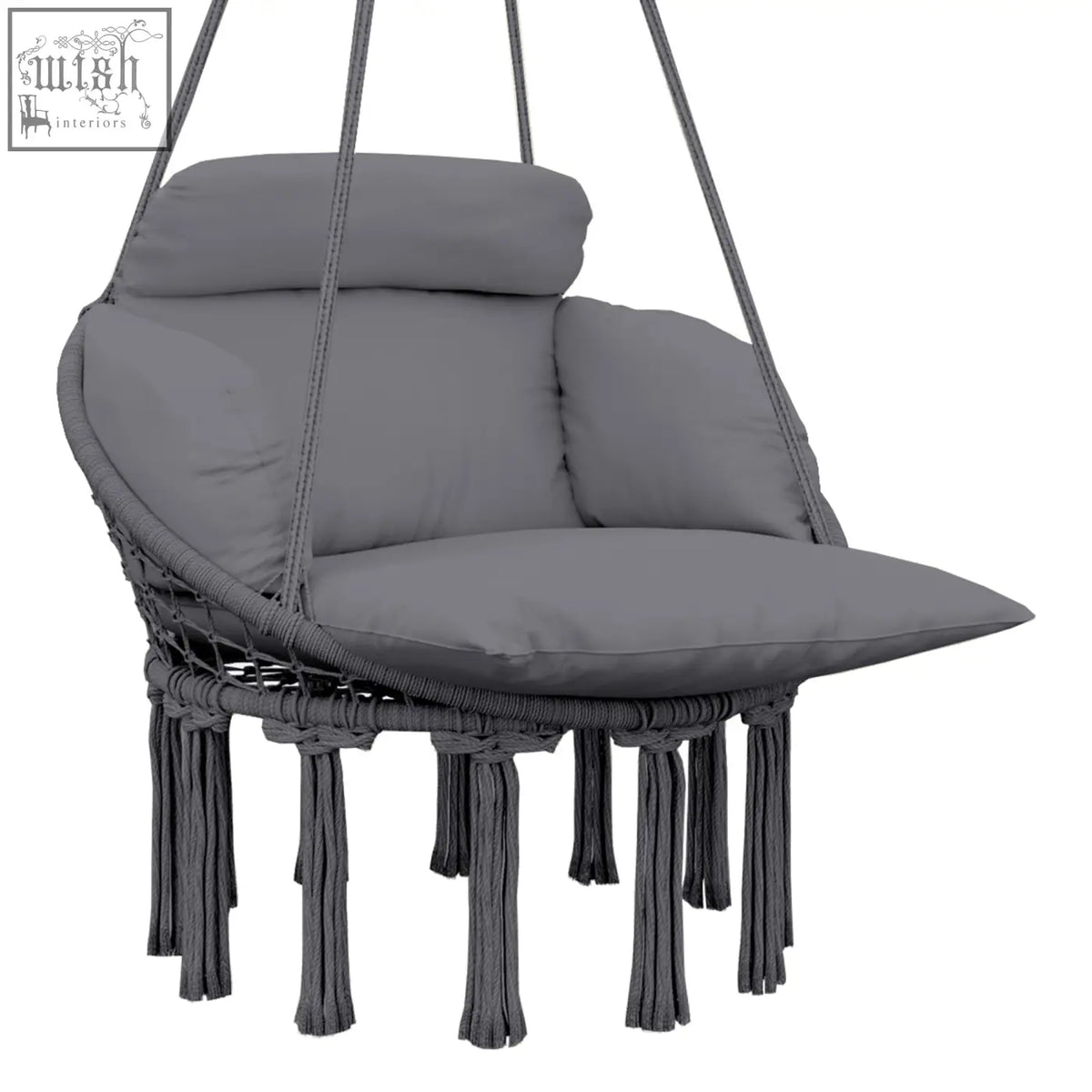 Gray outsunny hanging hammock chair with plush cushion cotton rope and fringe detailing for indoor outdoor use