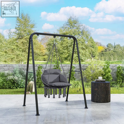 Black metal swing chair with dark gray cushioned seat and cotton rope hanging for indoor outdoor use by Outsunny