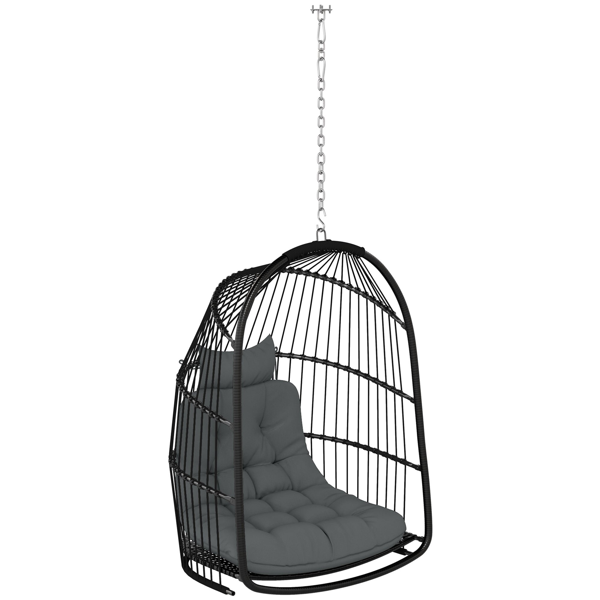 Outsunny black woven wicker egg chair with gray cushion and steel frame foldable swing chair for indoor outdoor use