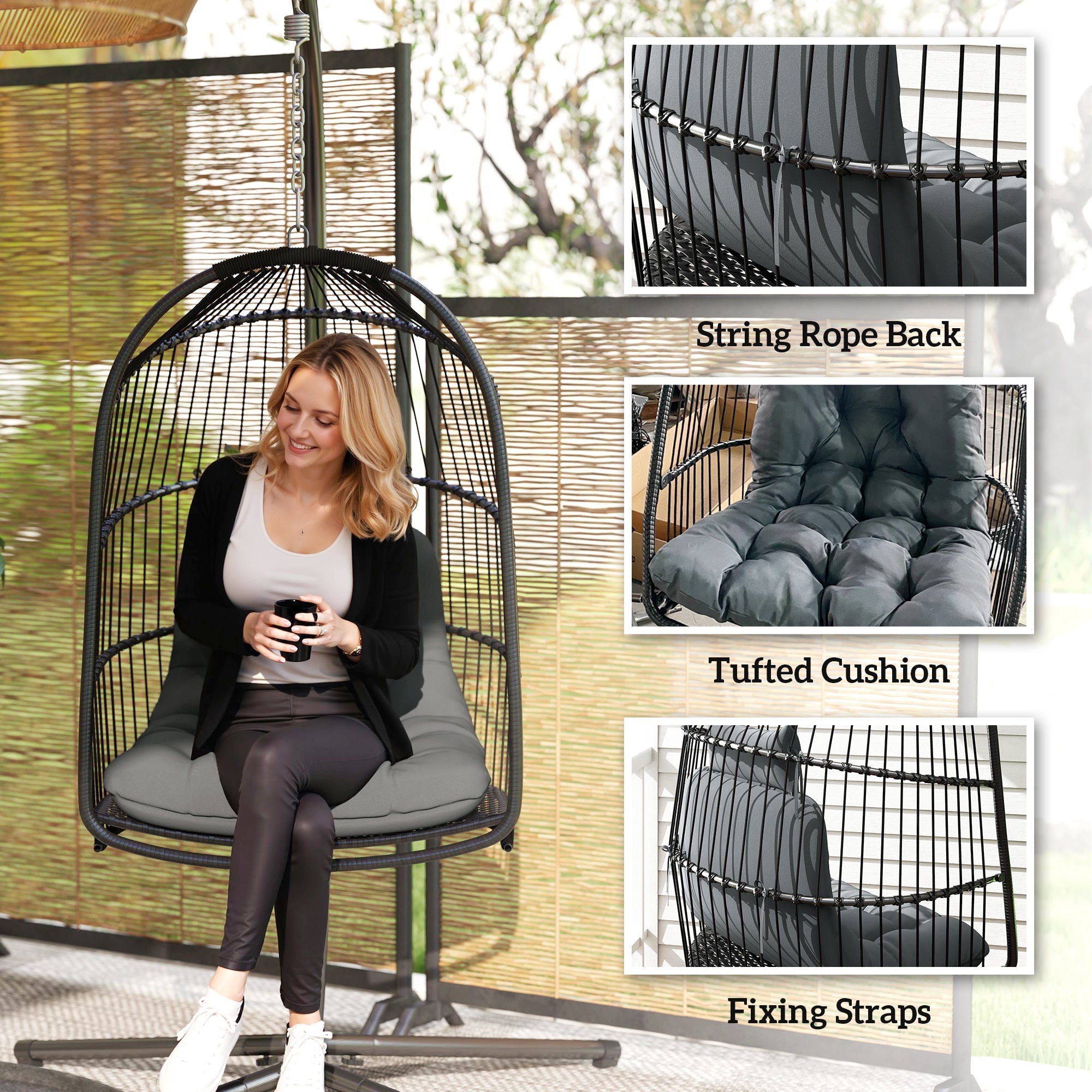 Outsunny black wicker hanging egg chair with gray tufted cushion steel frame foldable swing chair for indoor outdoor use