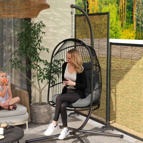 Black wicker egg chair with gray cushion Outsunny swing chair with steel frame for indoor outdoor use