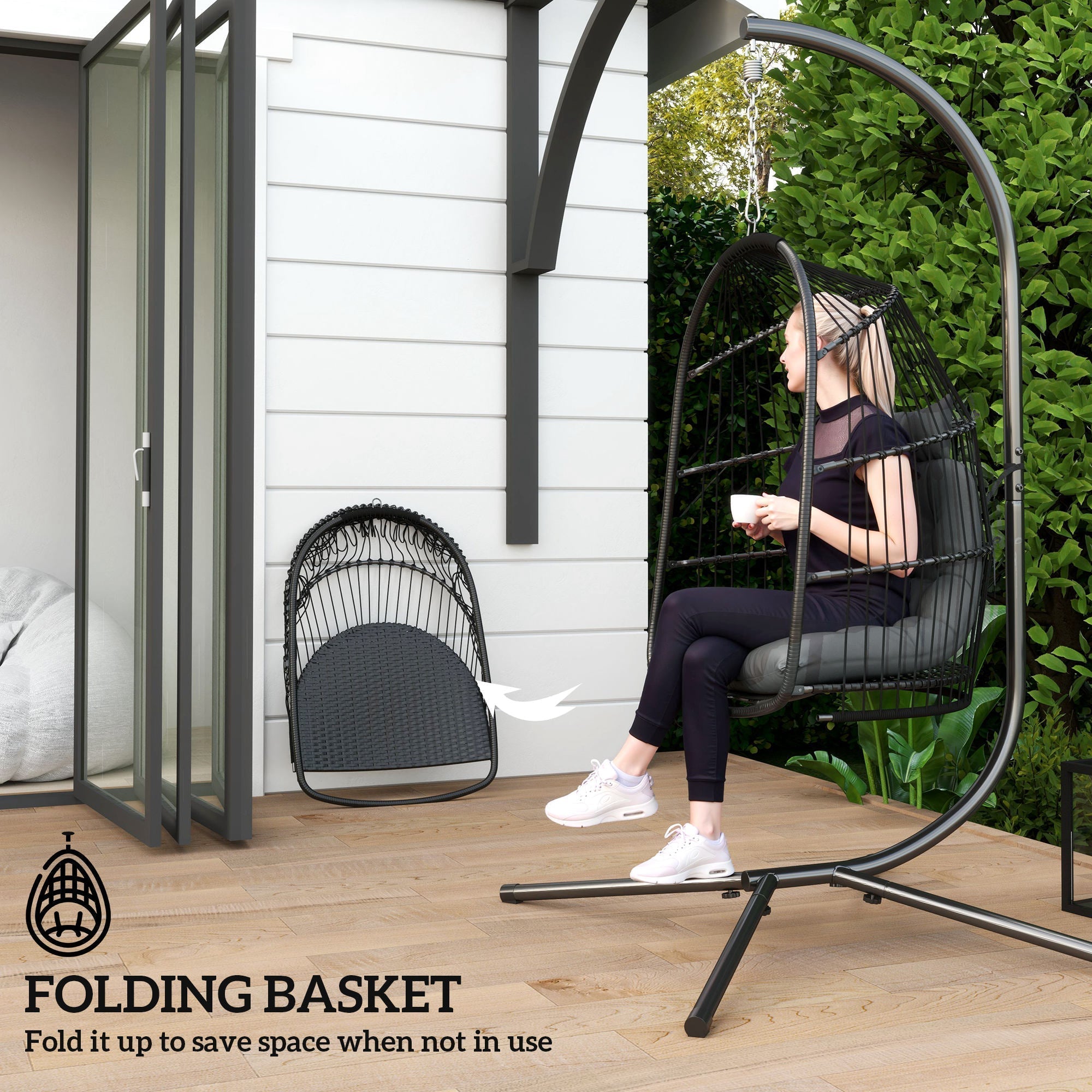 Outsunny dark grey woven egg chair with steel frame foldable swing chair with thick cushion for indoor outdoor use