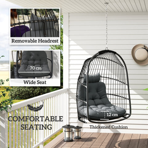 Outsunny black wicker egg chair swing chair with steel frame thick cushion and removable headrest for indoor outdoor use