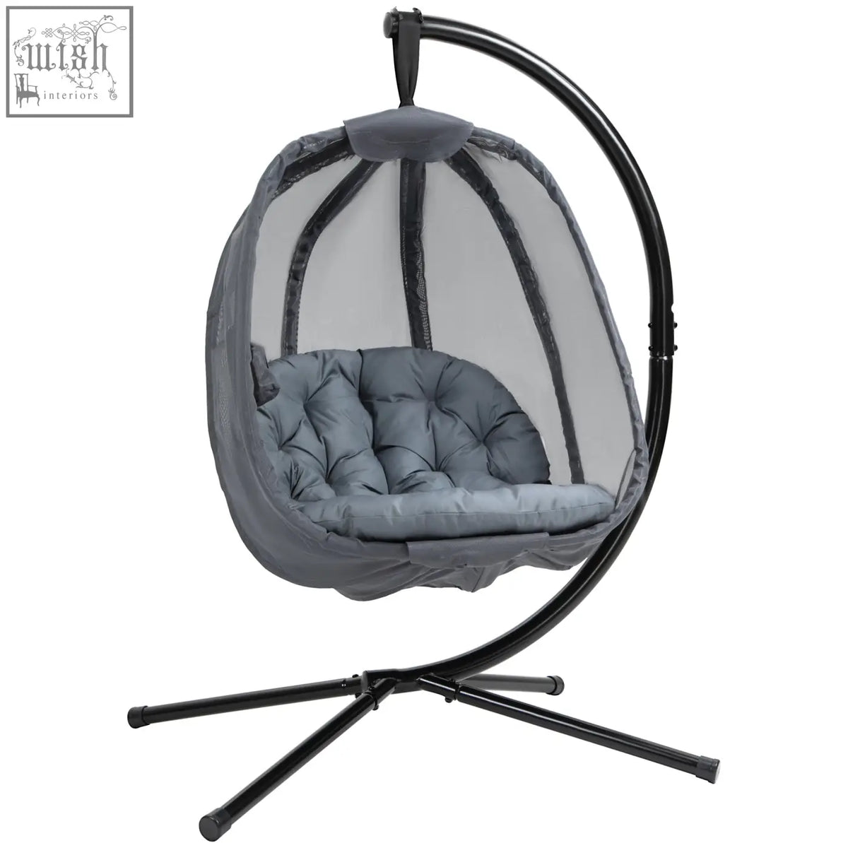 Outsunny hanging egg chair in gray with mesh canopy black metal frame folding texteline swing for indoor outdoor use