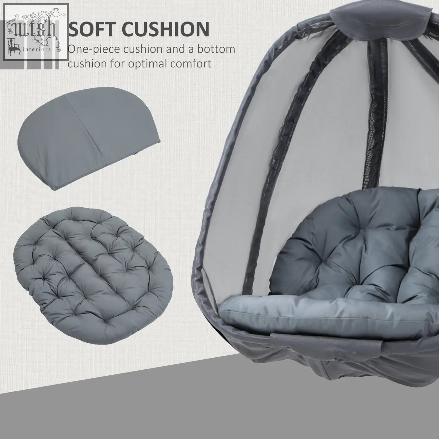Gray tufted cushion set for outsunny hanging egg chair made of texteline with side pocket for indoor outdoor use