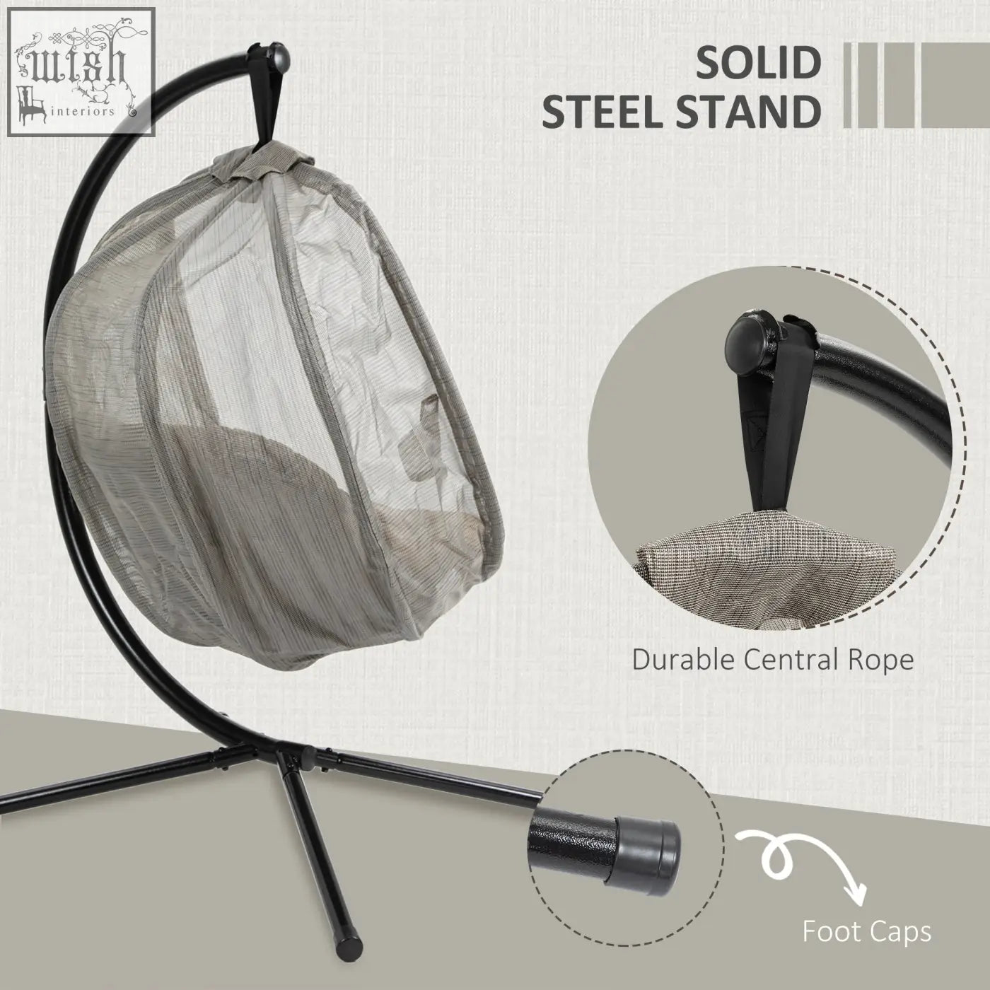 Gray mesh hanging egg chair with black steel stand by Outsunny for indoor outdoor patio and garden use