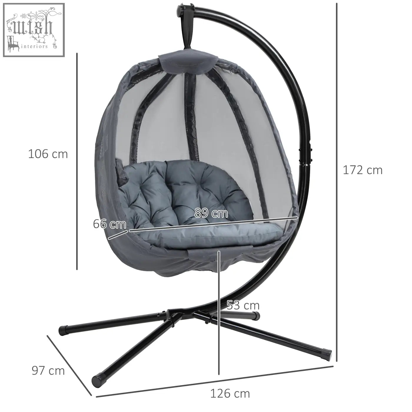 Outsunny gray hanging egg chair with mesh shell, padded cushion, black metal frame for indoor outdoor use