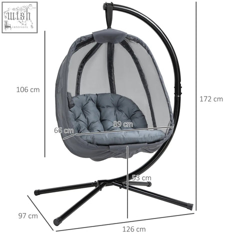 Outsunny gray hanging egg chair with mesh shell, padded cushion, black metal frame for indoor outdoor use