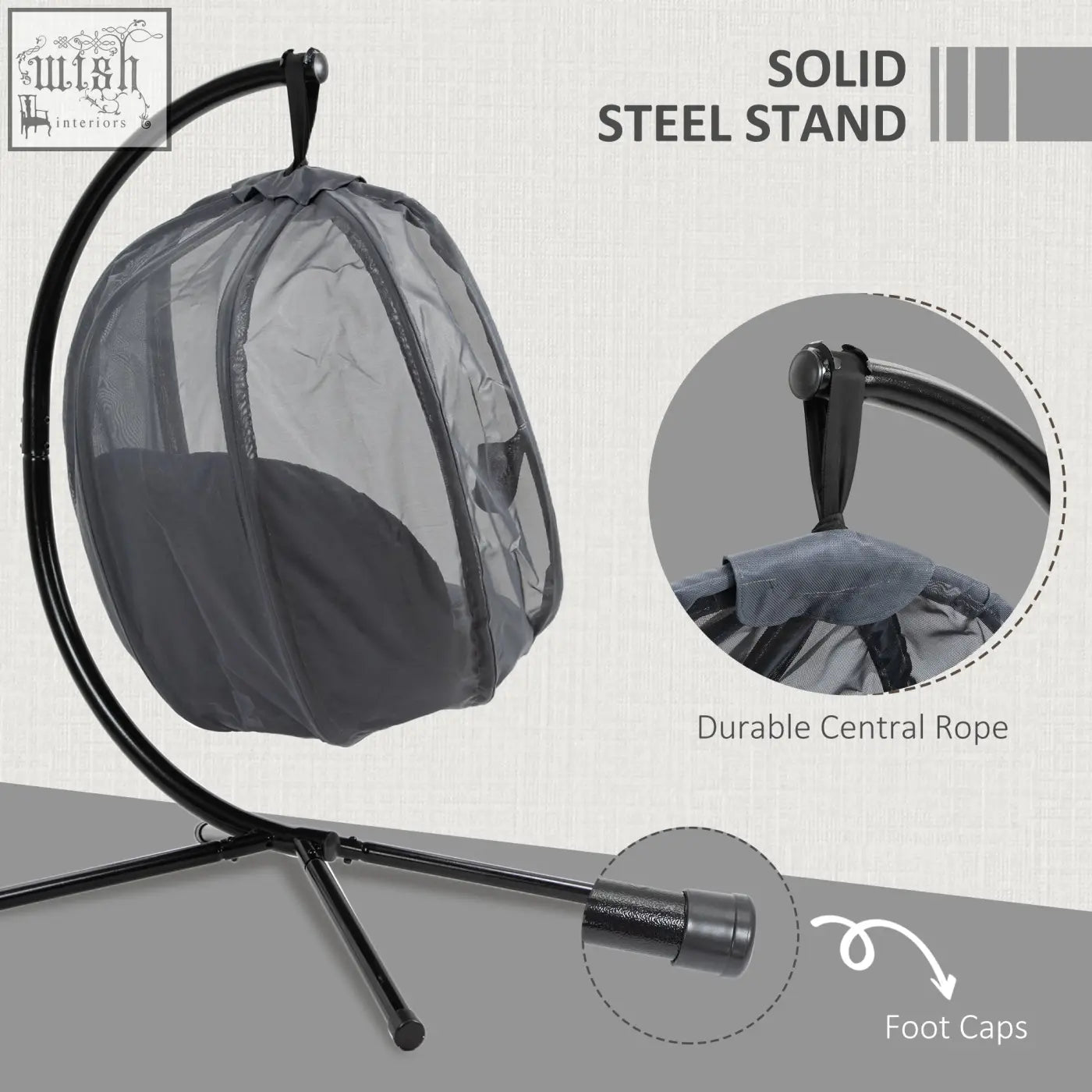 Outsunny black mesh hanging egg chair with solid steel stand folding texteline swing for indoor outdoor use