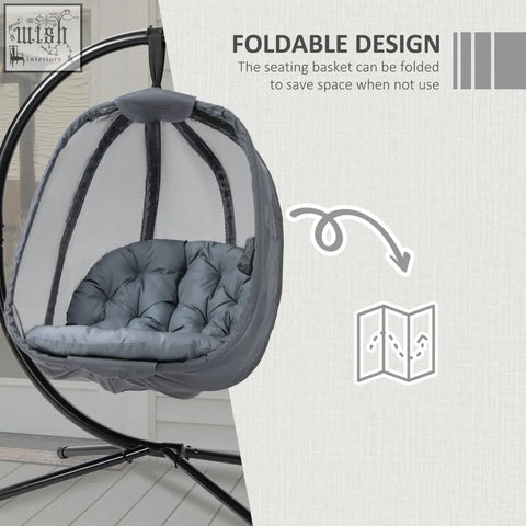 Gray outsunny hanging egg chair with mesh shell, padded cushion, folding texteline swing for indoor outdoor use