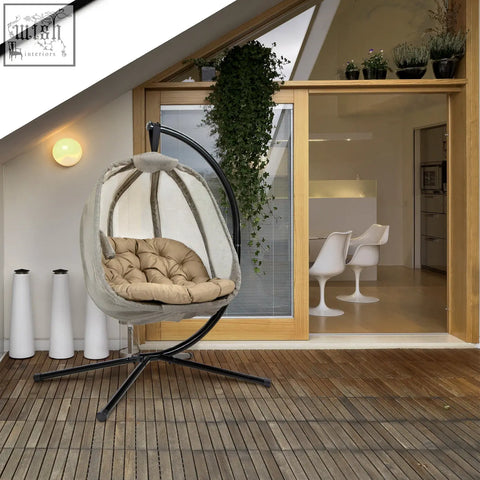 Beige woven outsunny hanging egg chair with cushioned seat and black metal frame for indoor outdoor use