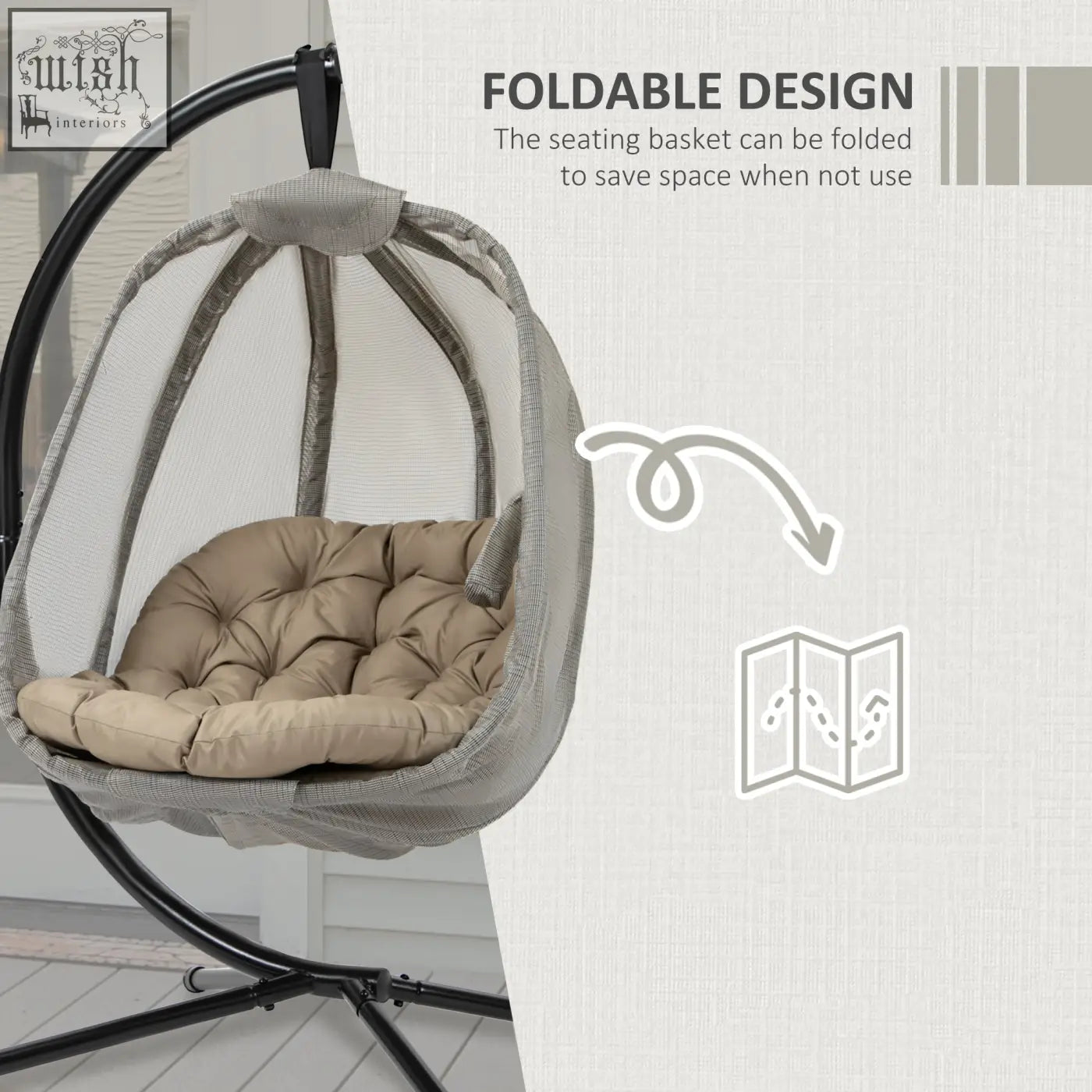 Outsunny hanging egg chair with gray mesh, beige tufted cushion, black metal frame, foldable for indoor outdoor use