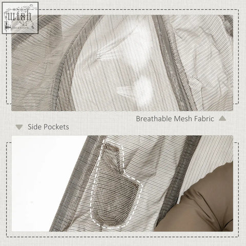 Light gray breathable mesh hanging egg chair with side pockets and reinforced stitching for indoor outdoor use