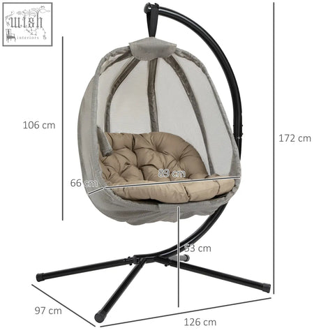 Outsunny hanging egg chair with gray mesh, beige cushion, black metal frame, folding design for indoor outdoor use