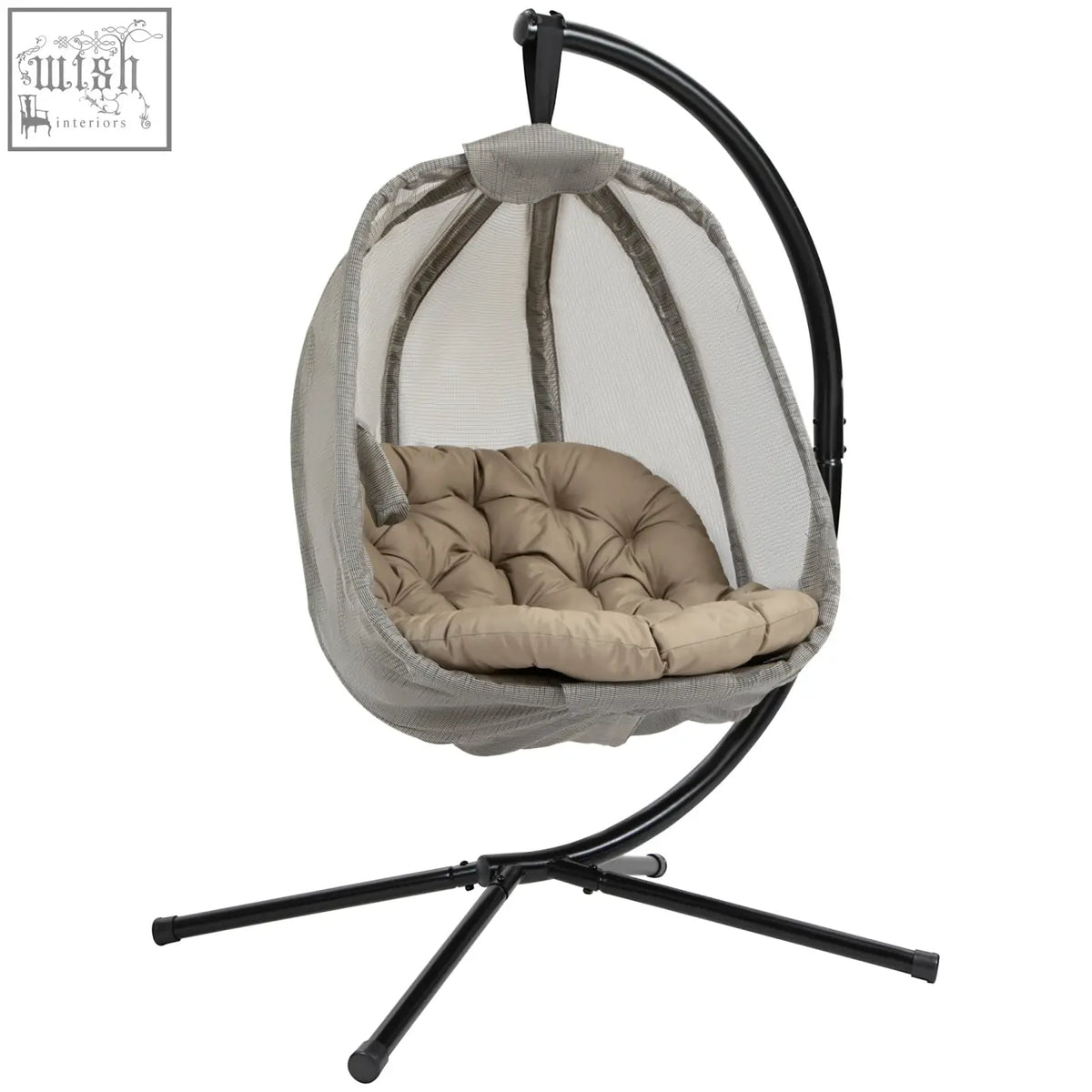 Outsunny gray mesh hanging egg chair with beige tufted cushion and black metal frame for indoor outdoor use